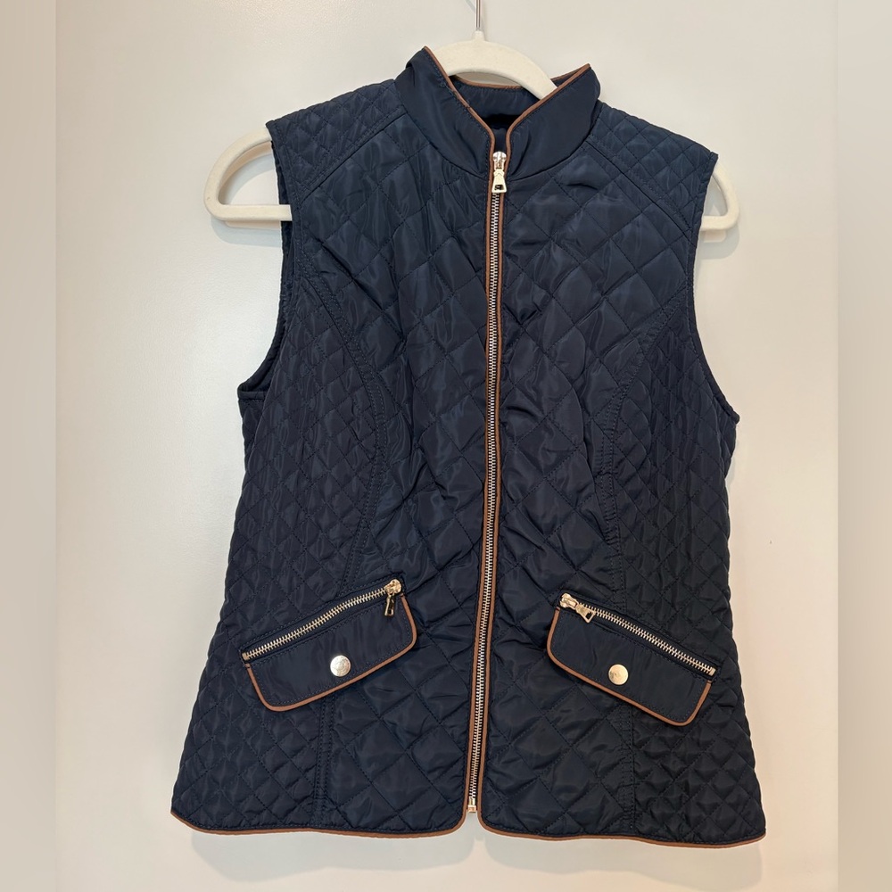 Navy Blue Quilted Full Zip Up Lined Vest Preppy Coastal Minimal Neutral